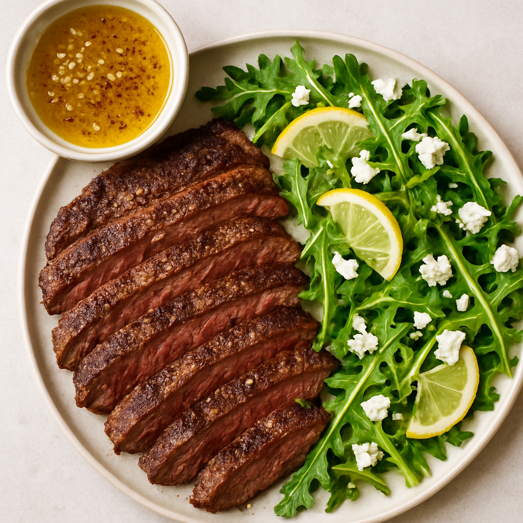 Marinated Flank Steak with Lemony Arugula and Feta Salad