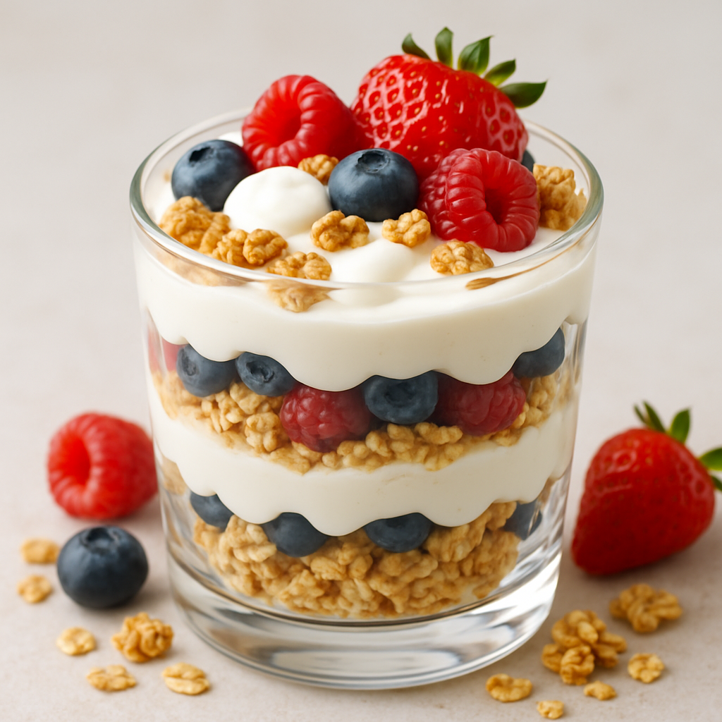 Maple Cinnamon Oats and Vanilla Greek Yogurt Parfait with Fresh Berries