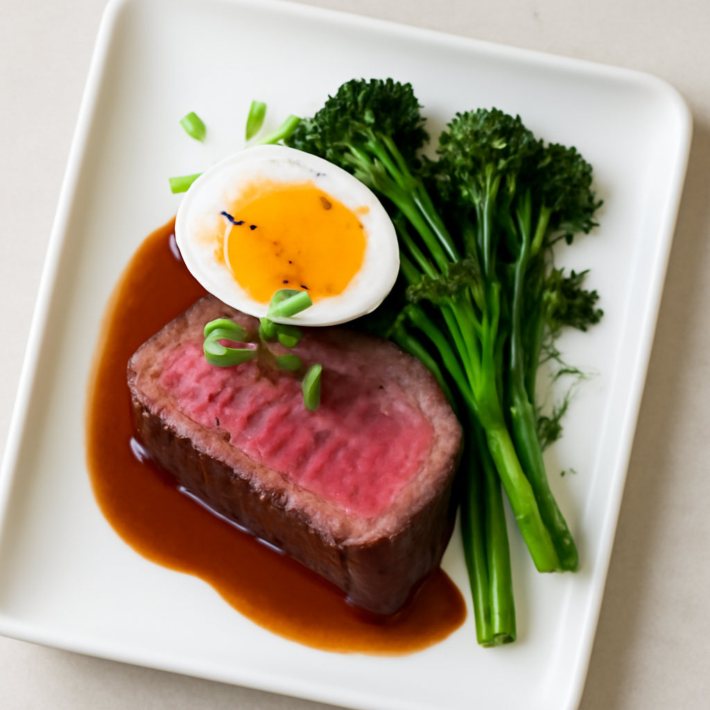 Sous Vide Sirloin Steak with Soft-Boiled Egg and Butter-Sautéed Broccolini