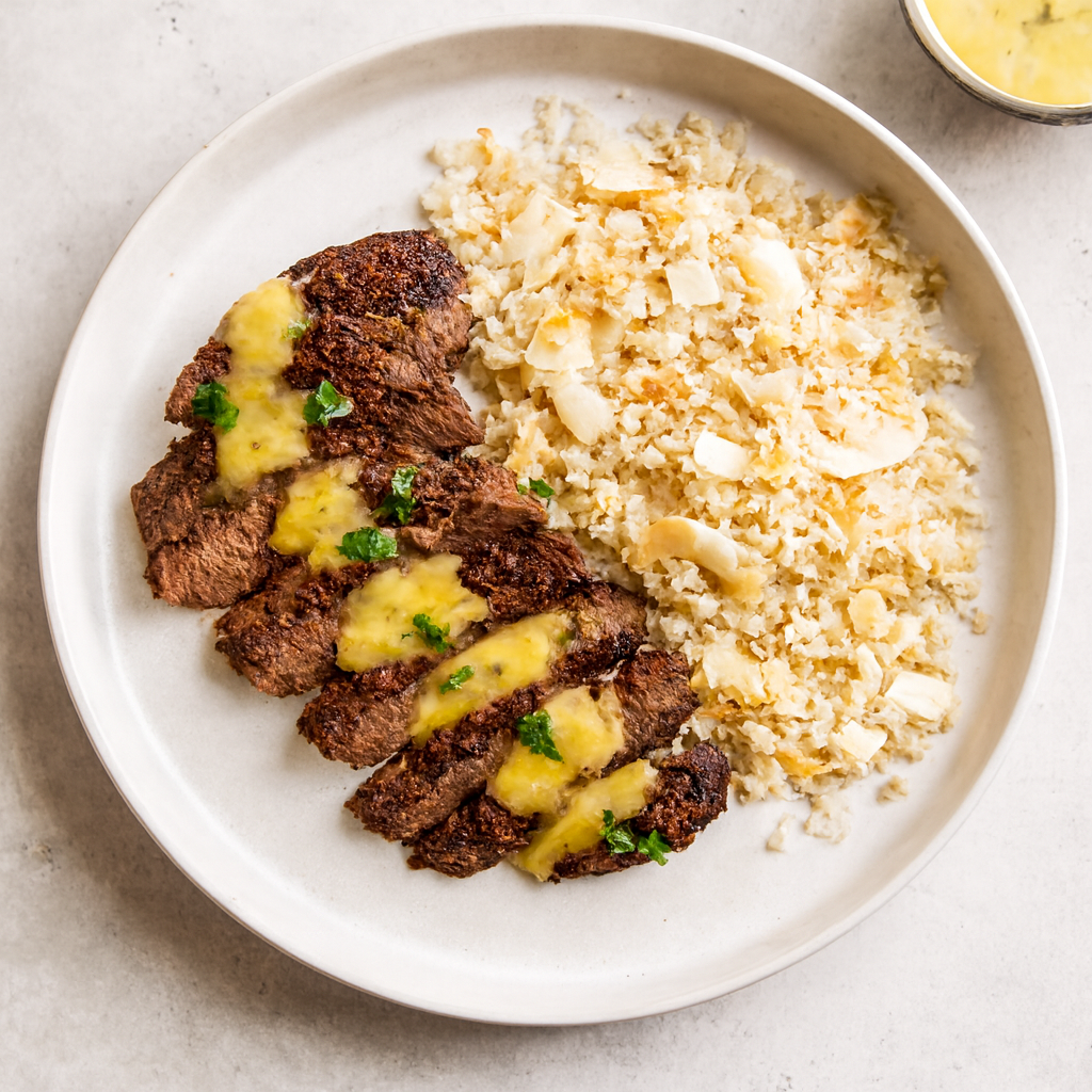 Mango Curry Steak with Coconut Cauliflower Rice