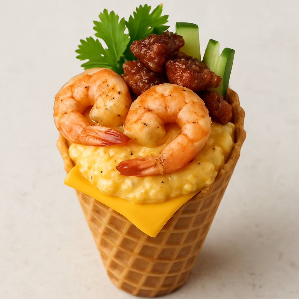 Banh Mi de Camarones y Grits con Queso en un Cono de Waffle