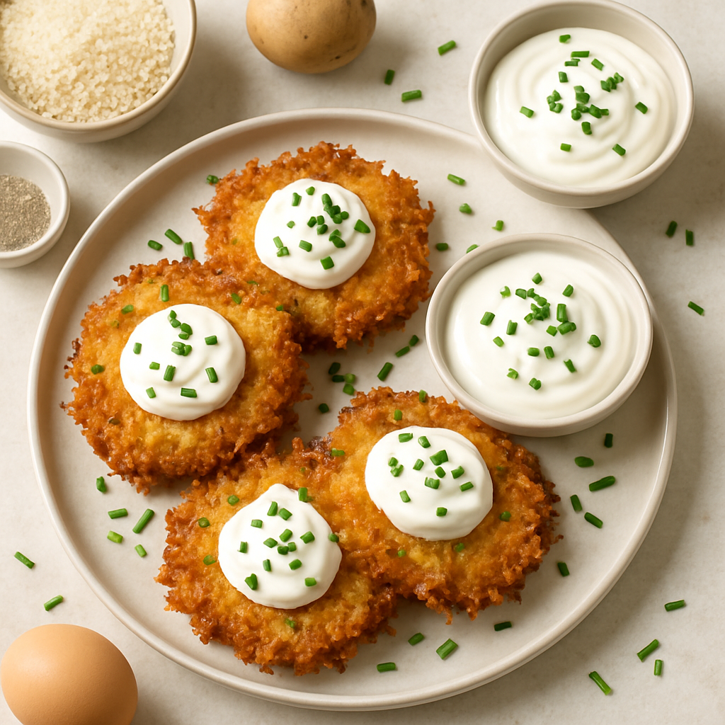 Golden Panko Latkes with Sour Cream and Chives