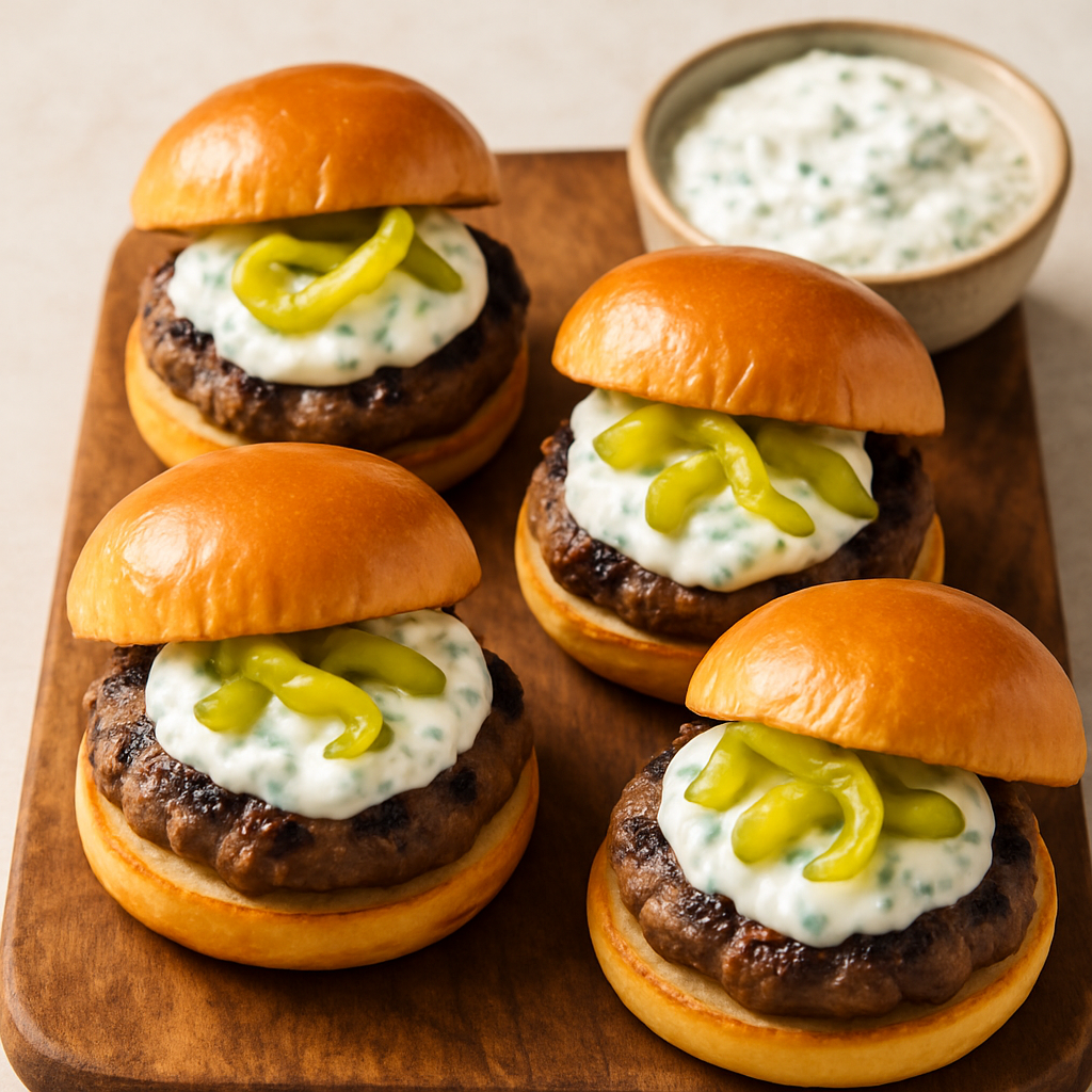 Mini Hamburguesas Giroscópicas a la Parrilla con Tzatziki y Peperoncini Encurtidos
