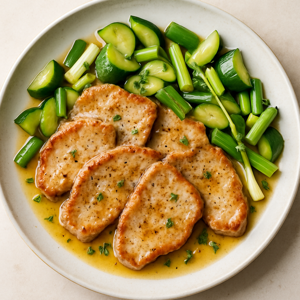 Pork Scaloppine with Sautéed Cucumbers and Spring Onions
