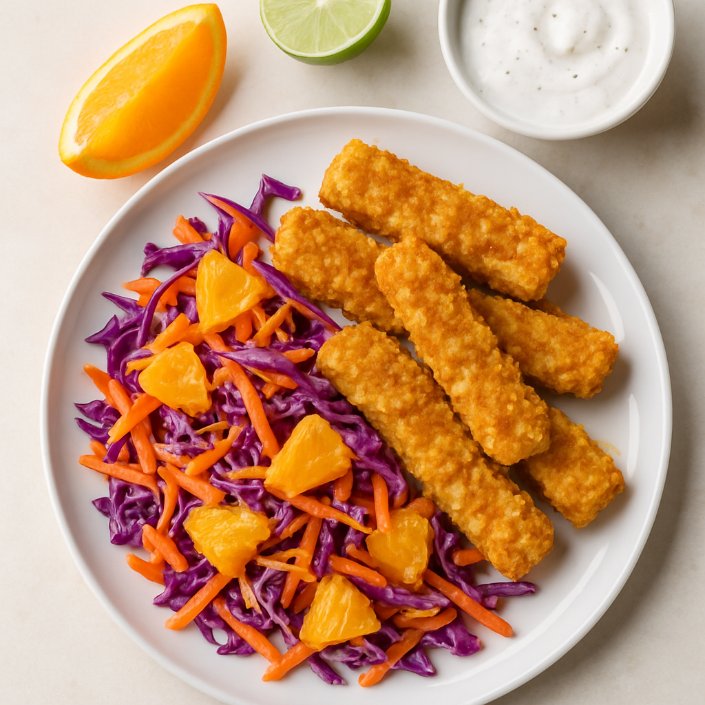Palitos de Pescado Crujientes con Tortilla y Ensalada de Cítricos