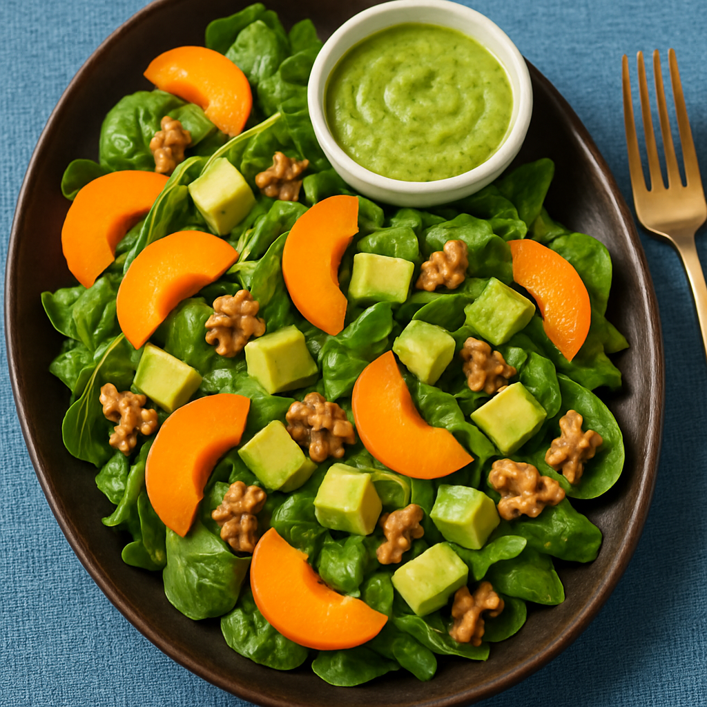 Ensalada de Espinacas y Albaricoques con Aderezo de Aguacate y Albahaca