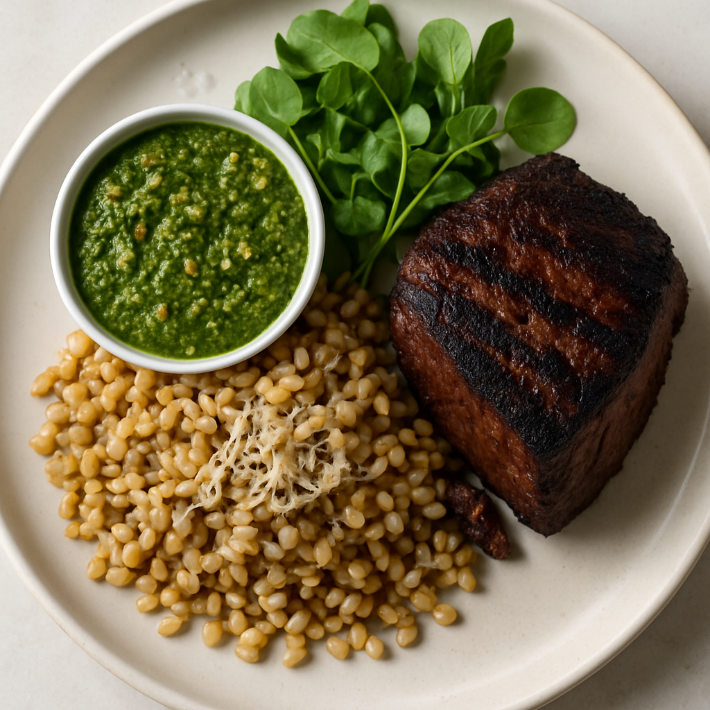 Charred Beef Tenderloin With Cacio e Pepe Toasted Barley and Watercress Pesto