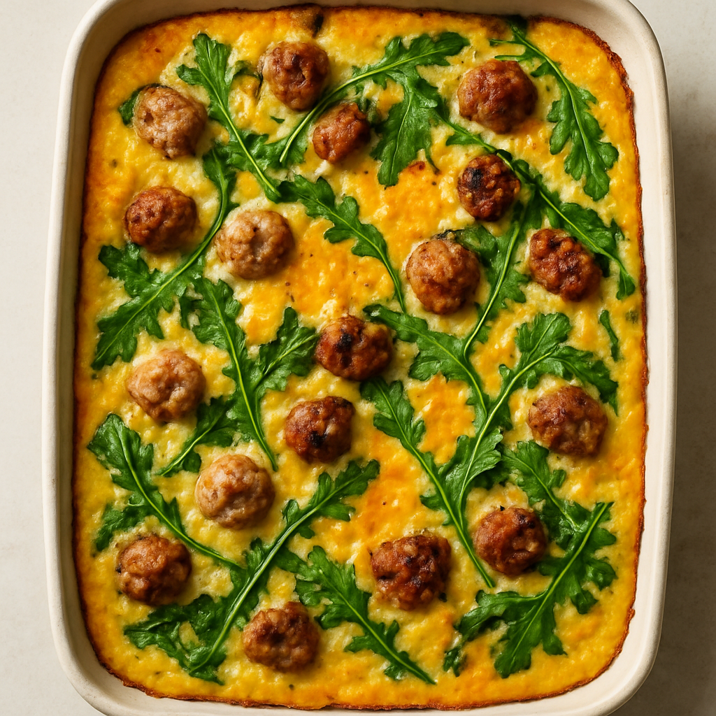 Cheesy Grits Casserole with Sausage and Greens