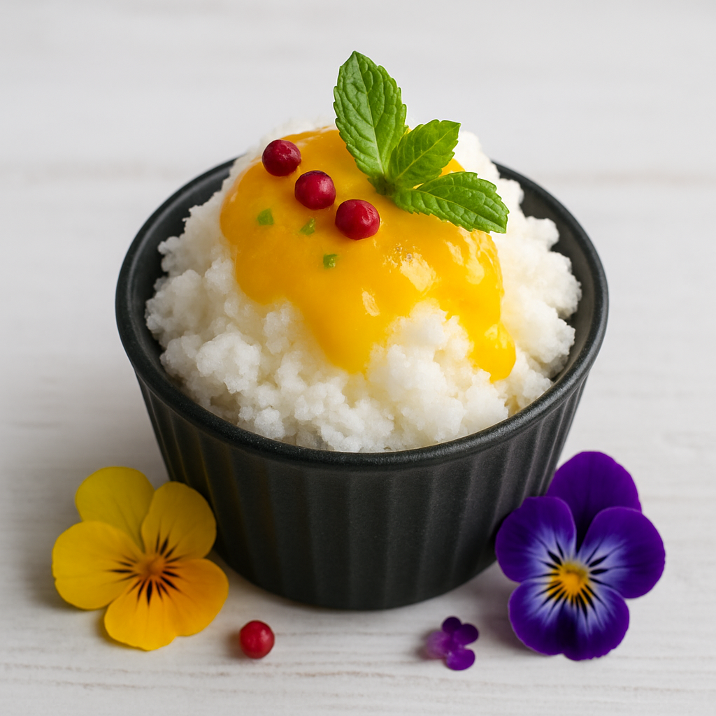 Coconut Granita Drizzled with Mango Sauce