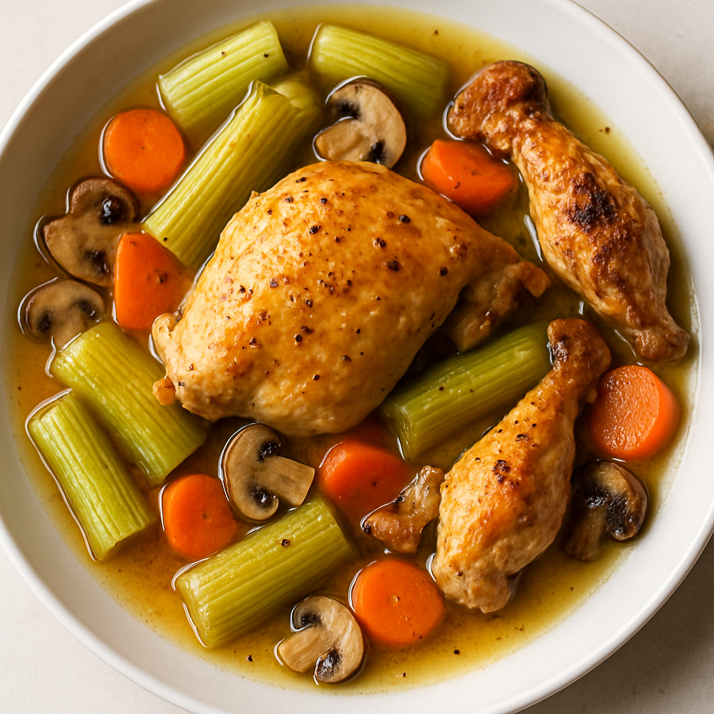 Puerros Cocidos Lentamente con Pollo Asado