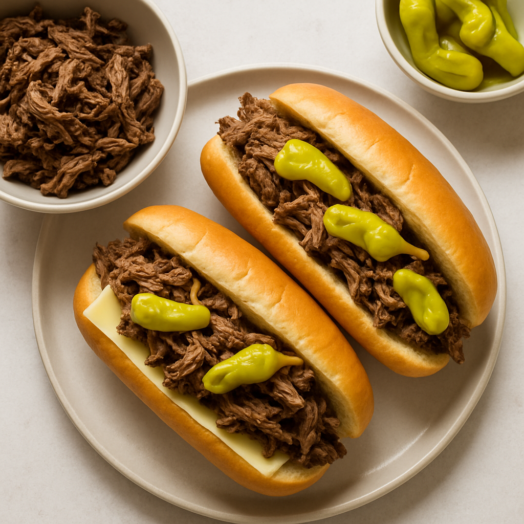 Sándwiches de Res Italiana en Olla de Cocción Lenta con Pepperoncini