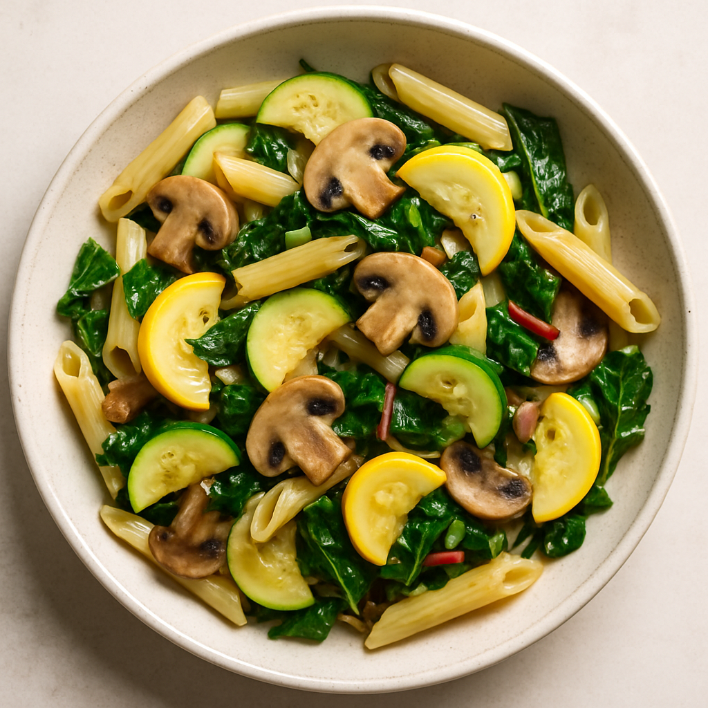 Pasta Primavera with Zucchini, Mushrooms and Chard