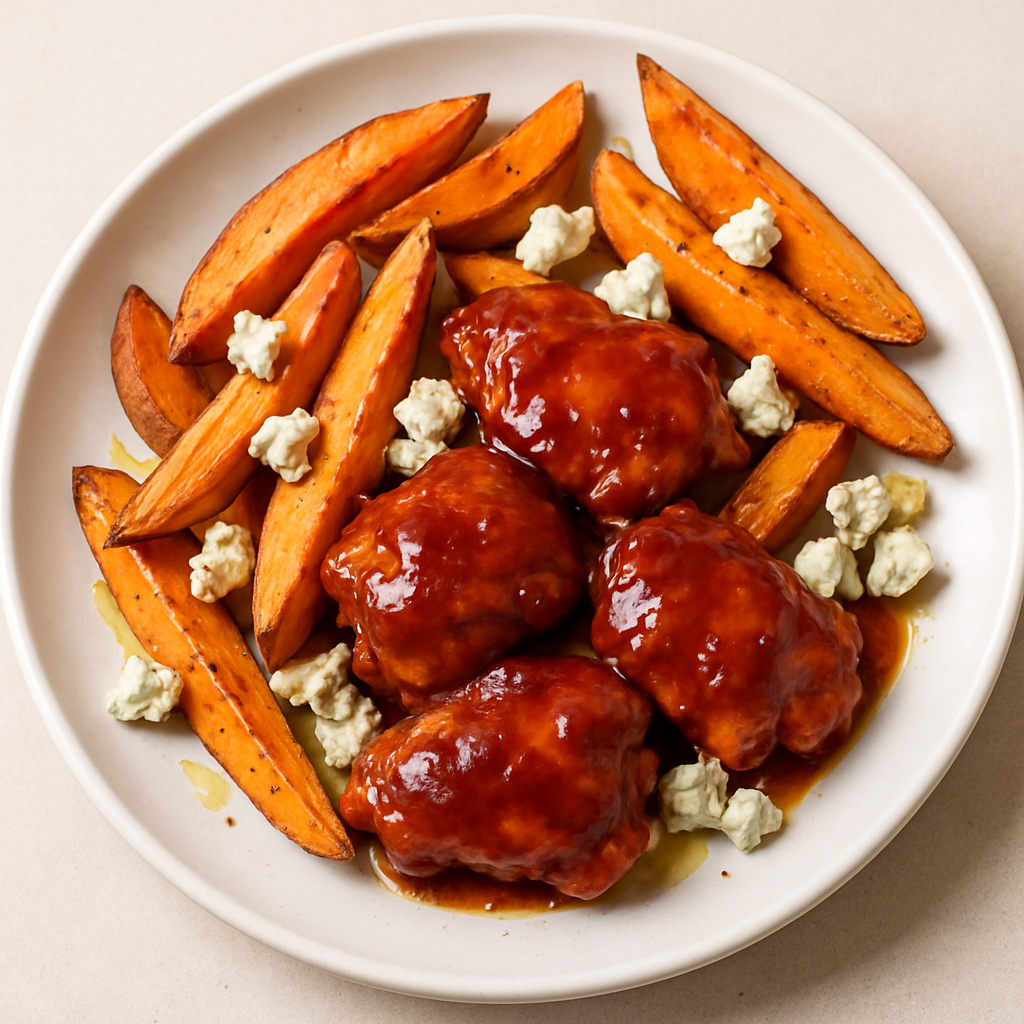 Pollo BBQ y Cuñas de Papas Dulces con Queso Azul