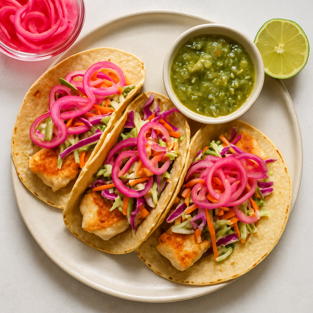 Tacos de Pescado con Ensalada de Repollo y Cebolla Roja Encurtida