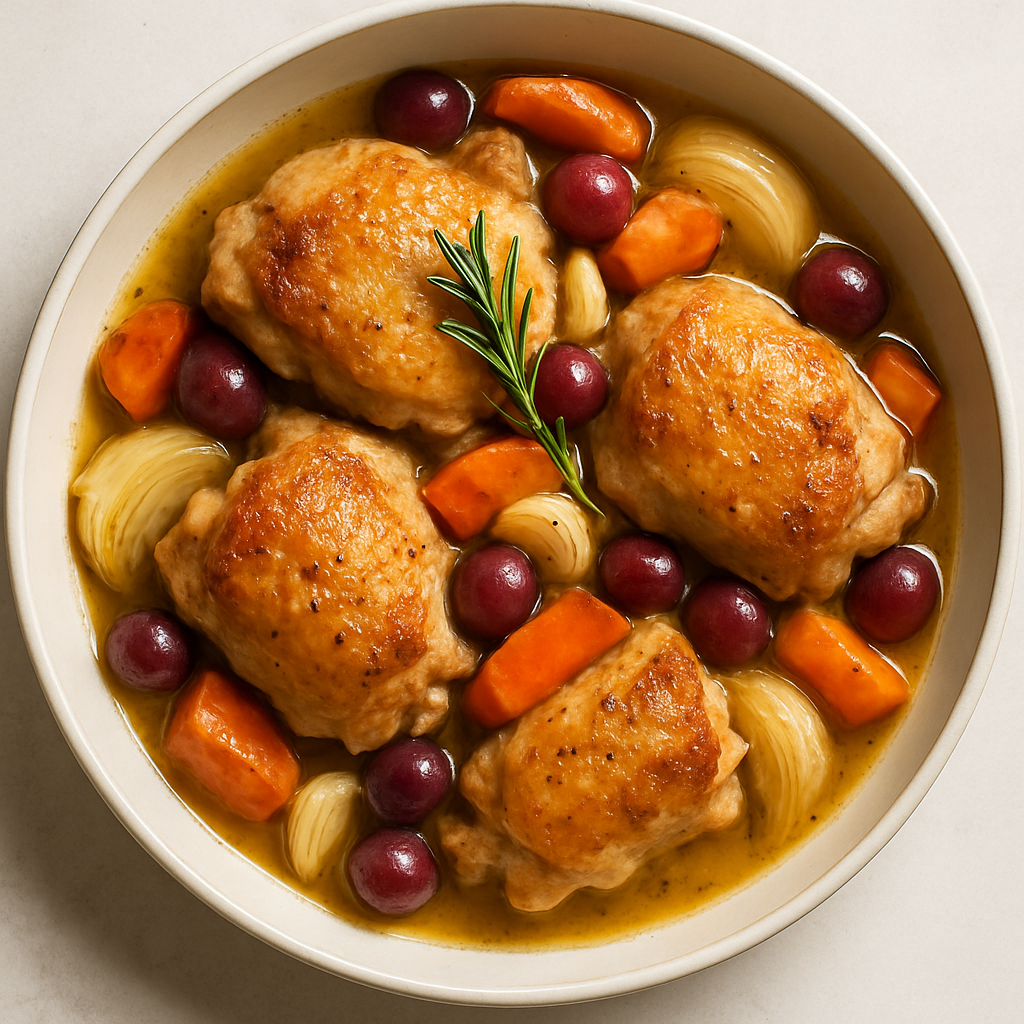 Pollo Braseado al Vino con Uvas y Verduras de Raíz