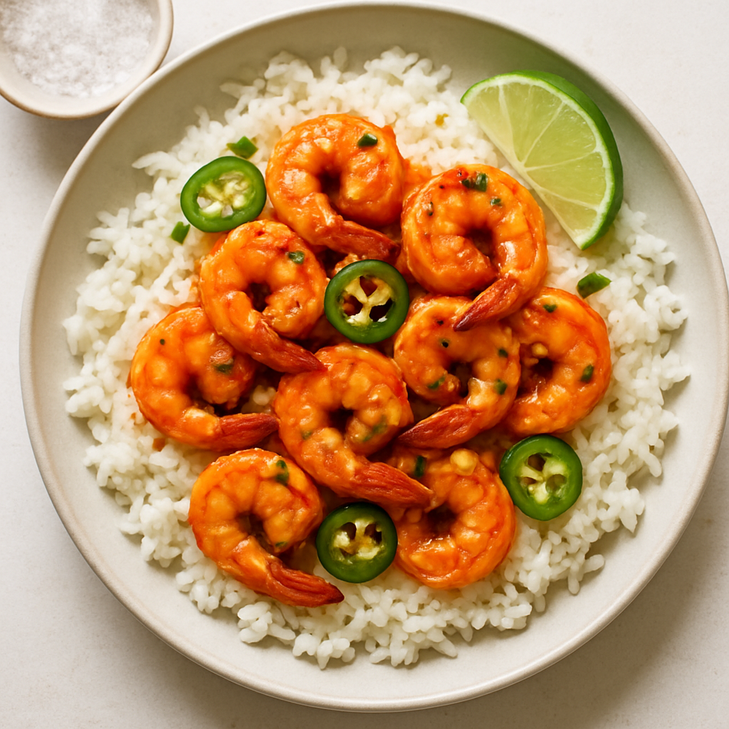 Camarones al Ajo Picante con Arroz de Coco