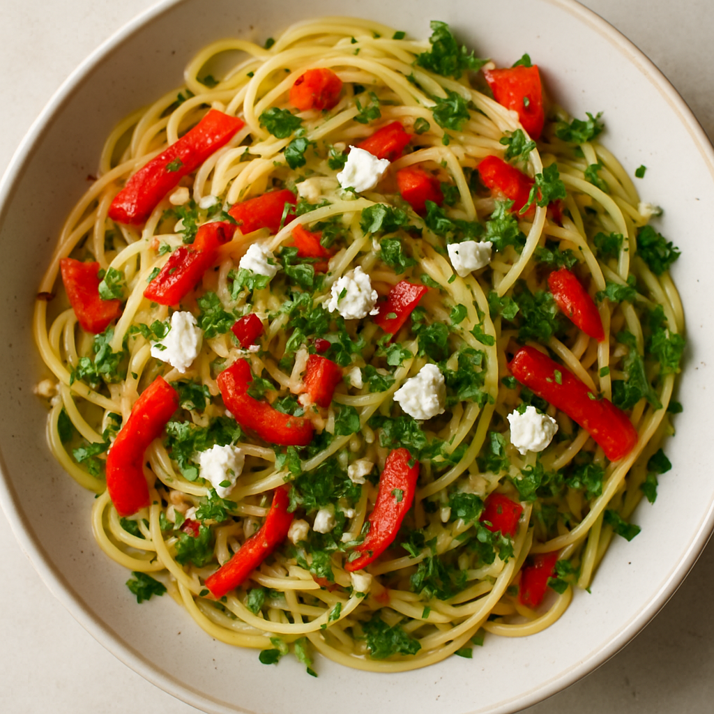 Mixed-Herb Pasta with Red Bell Peppers and Feta