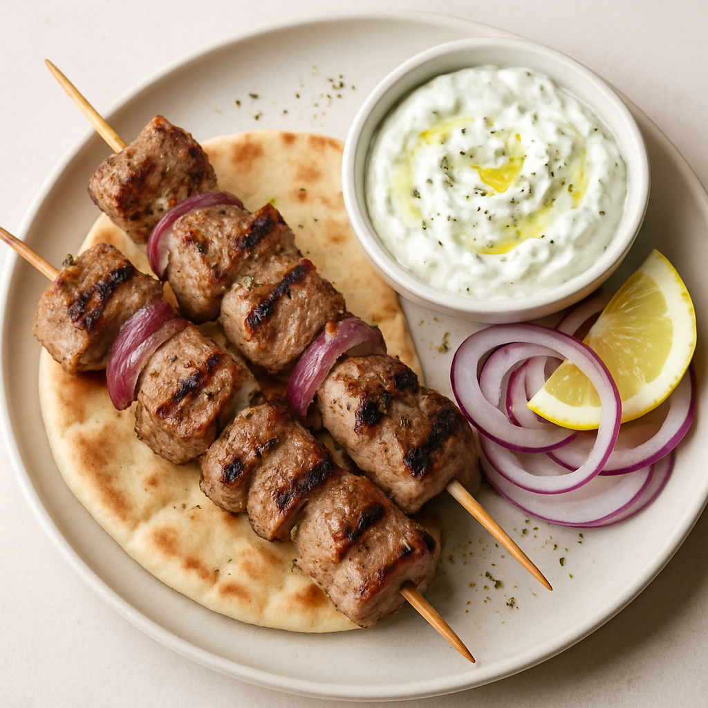 Souvlaki de Cerdo a la Parrilla con Pita y Tzatziki