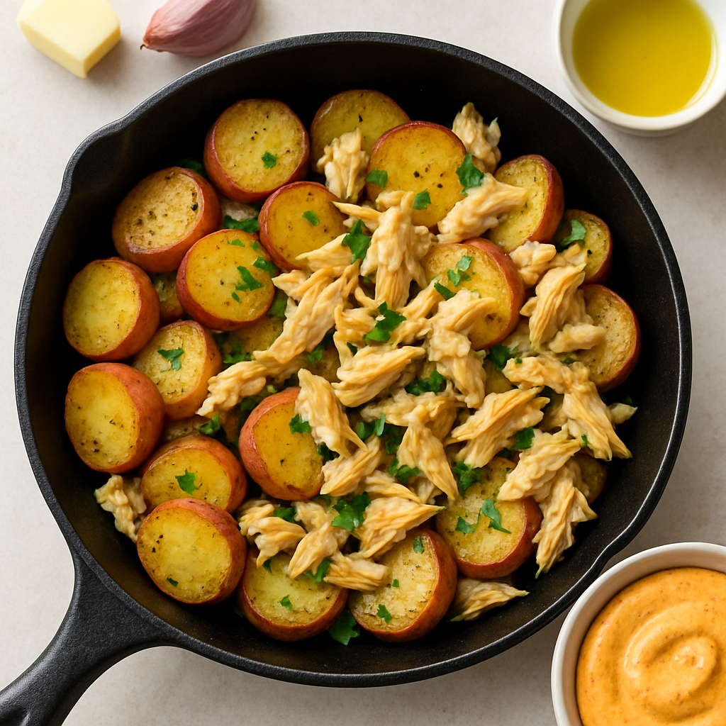 Papas en Sartén con Pescado Ahumado y Salsa Aioli de Pimentón