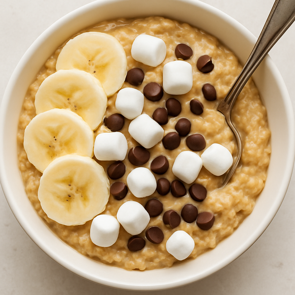 Avena con Mantequilla de Maní, Plátano, Malvaviscos y Chispas de Chocolate