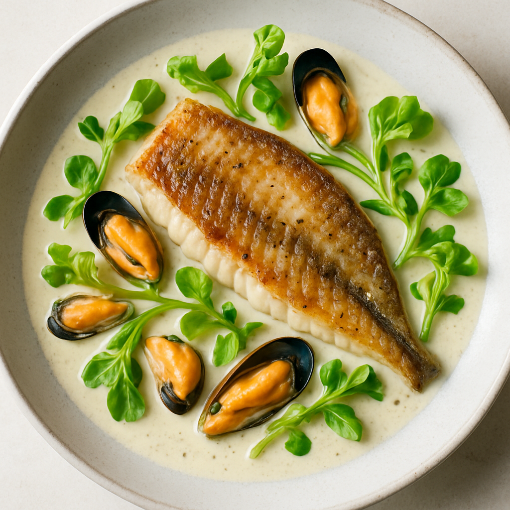 Pescado Blanco a la Sartén con Mejillones, Brotes de Col y Crema