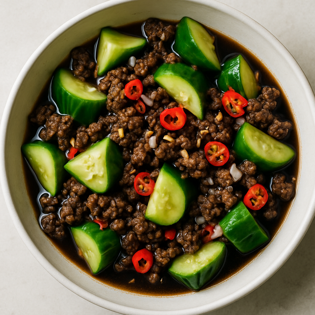 Carne Molida Picante con Pepinos y Vinagre Negro