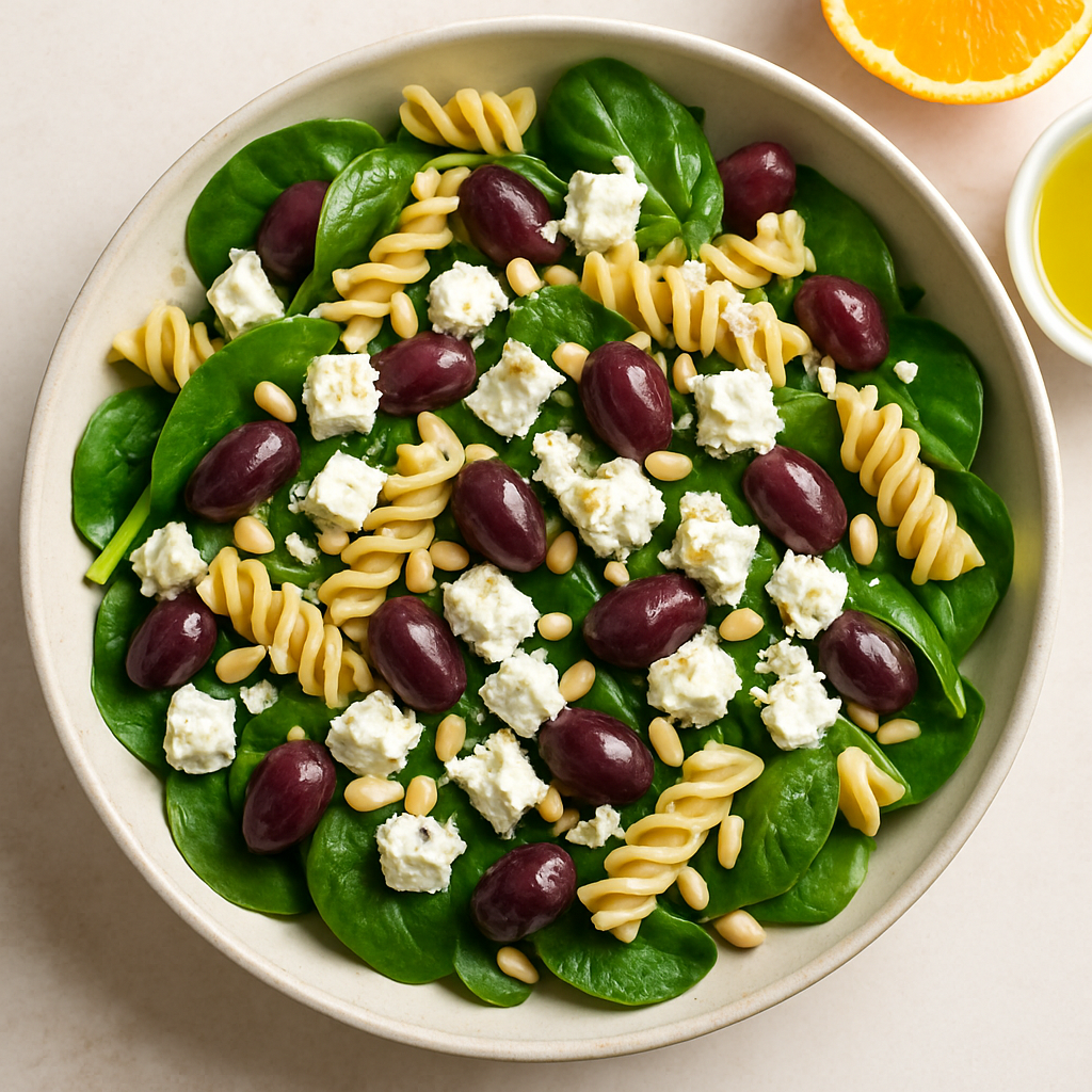 Ensalada de Pasta con Espinacas, Aceitunas y Feta