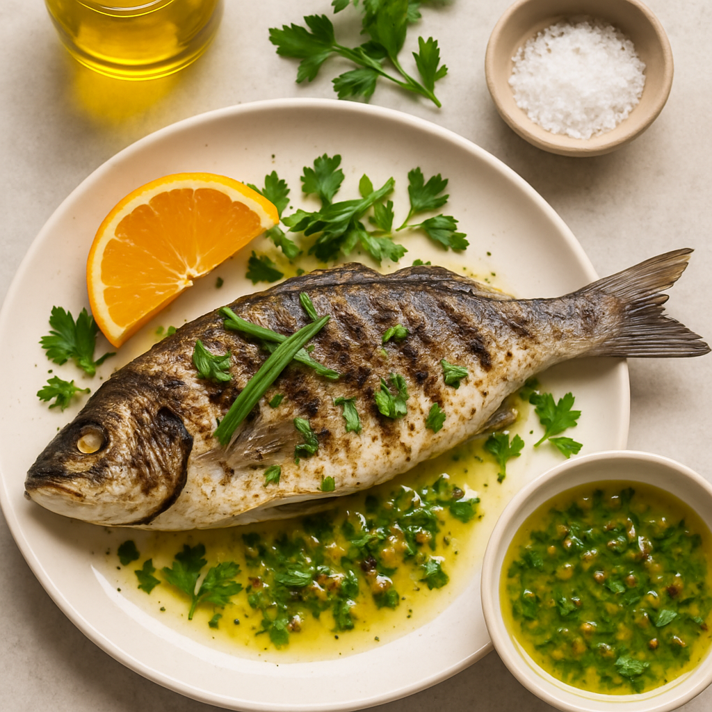 Pescado Entero a la Parrilla Mediterráneo con Vinagreta de Vinagre de Jerez y Estragón Envejecido