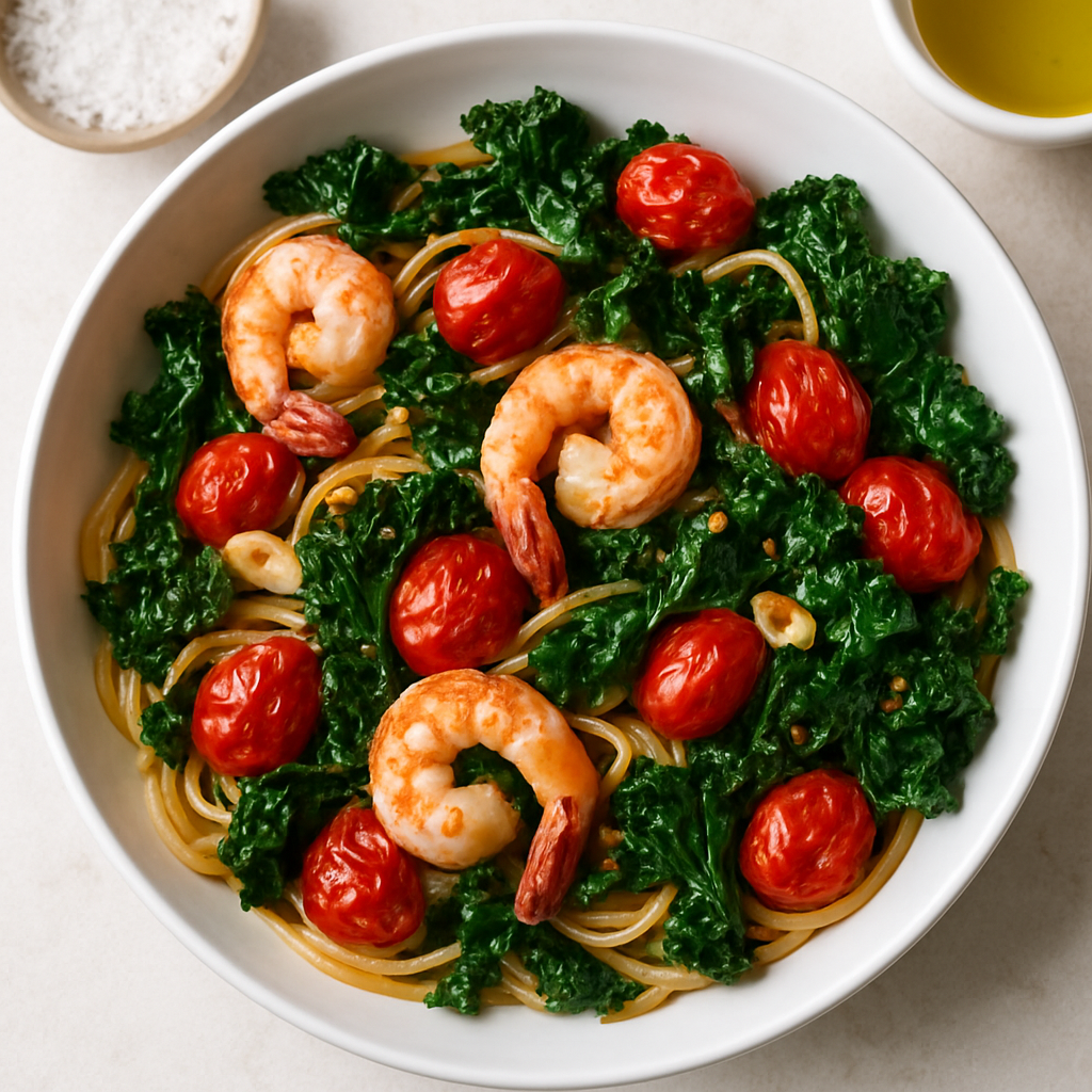 Spaghetti with Shrimp, Kale, and Burst Tomatoes