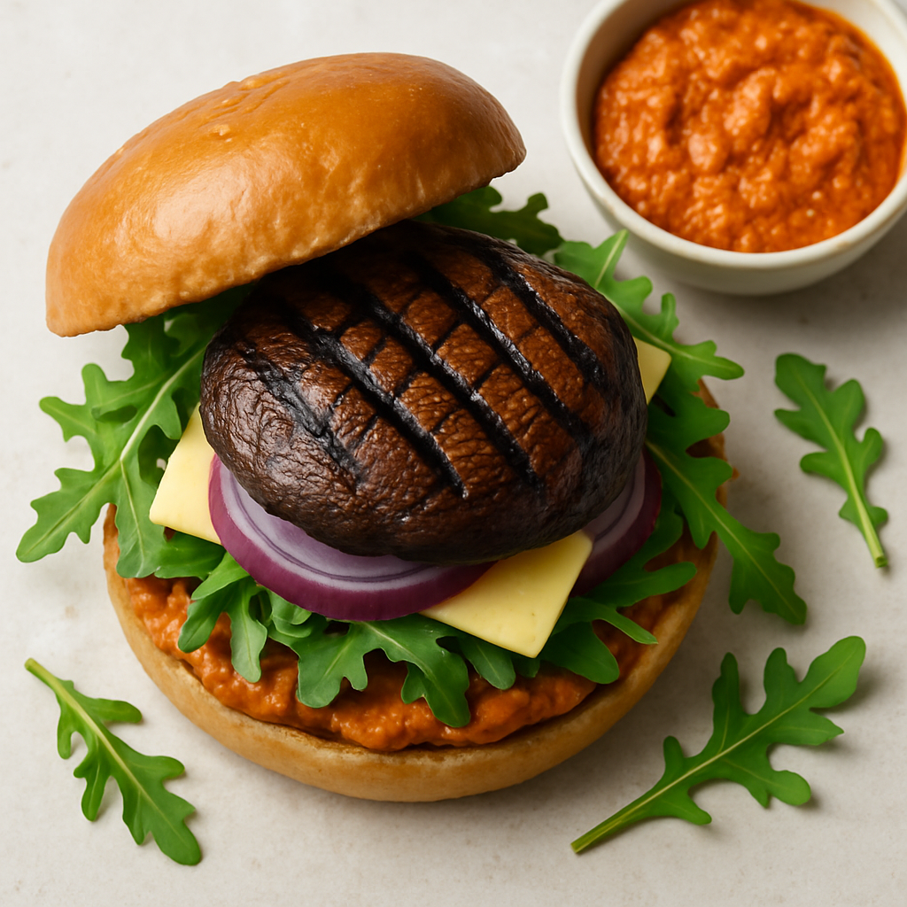 Grilled Portobello Mushroom Burgers with Romesco and Arugula