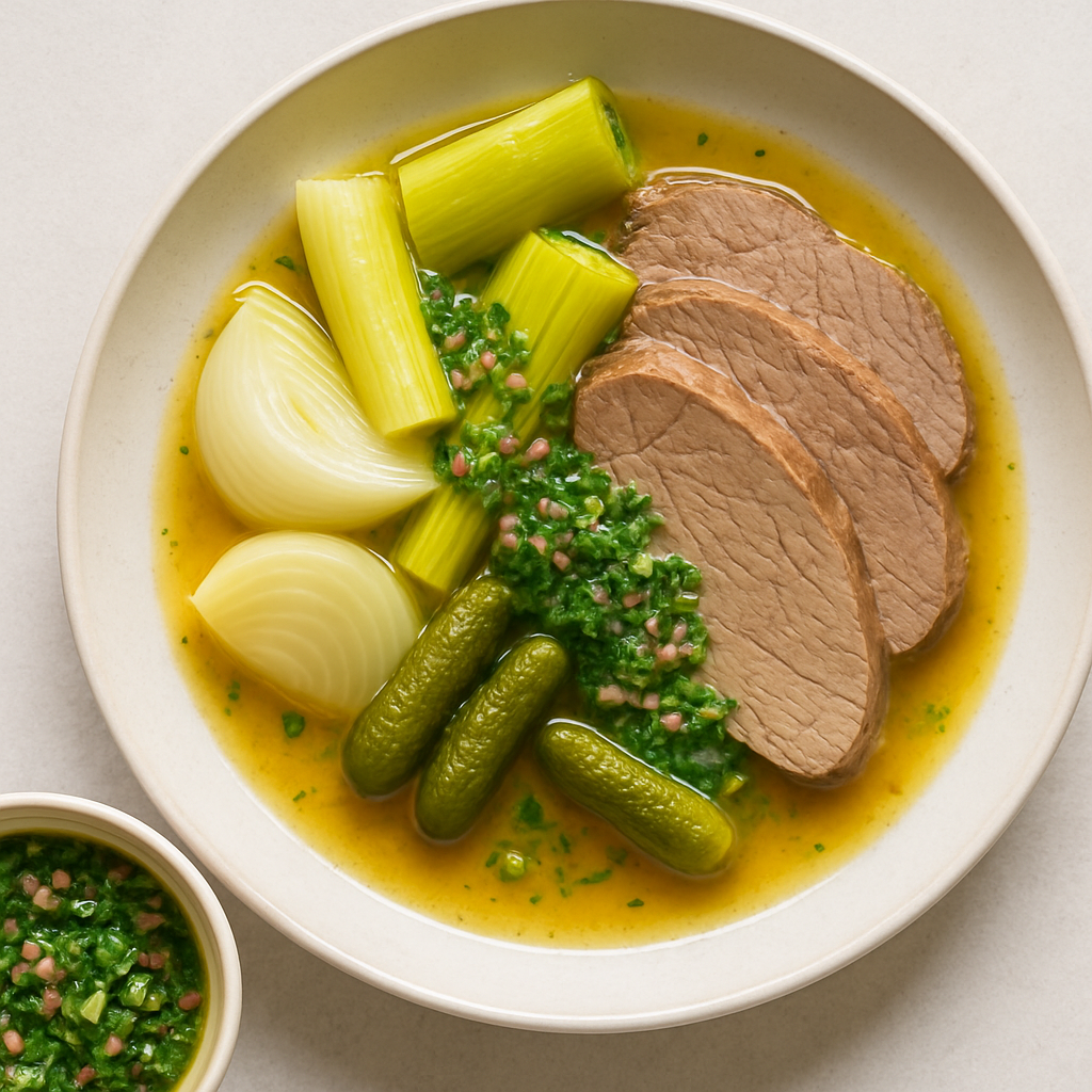 Poached Beef with Herb Vinaigrette & Leeks