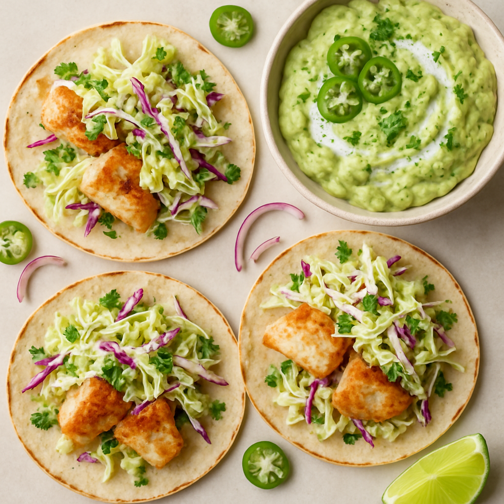Tacos de Pescado con Guacamole de Lima Cremoso y Ensalada de Repollo