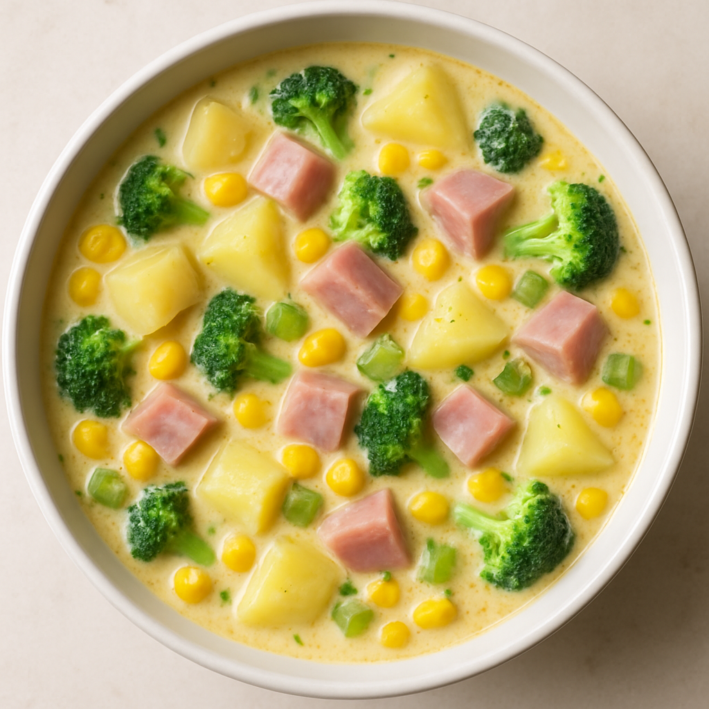 Chowder Cremoso Sureño de Maíz, Papa, Jamón y Brócoli