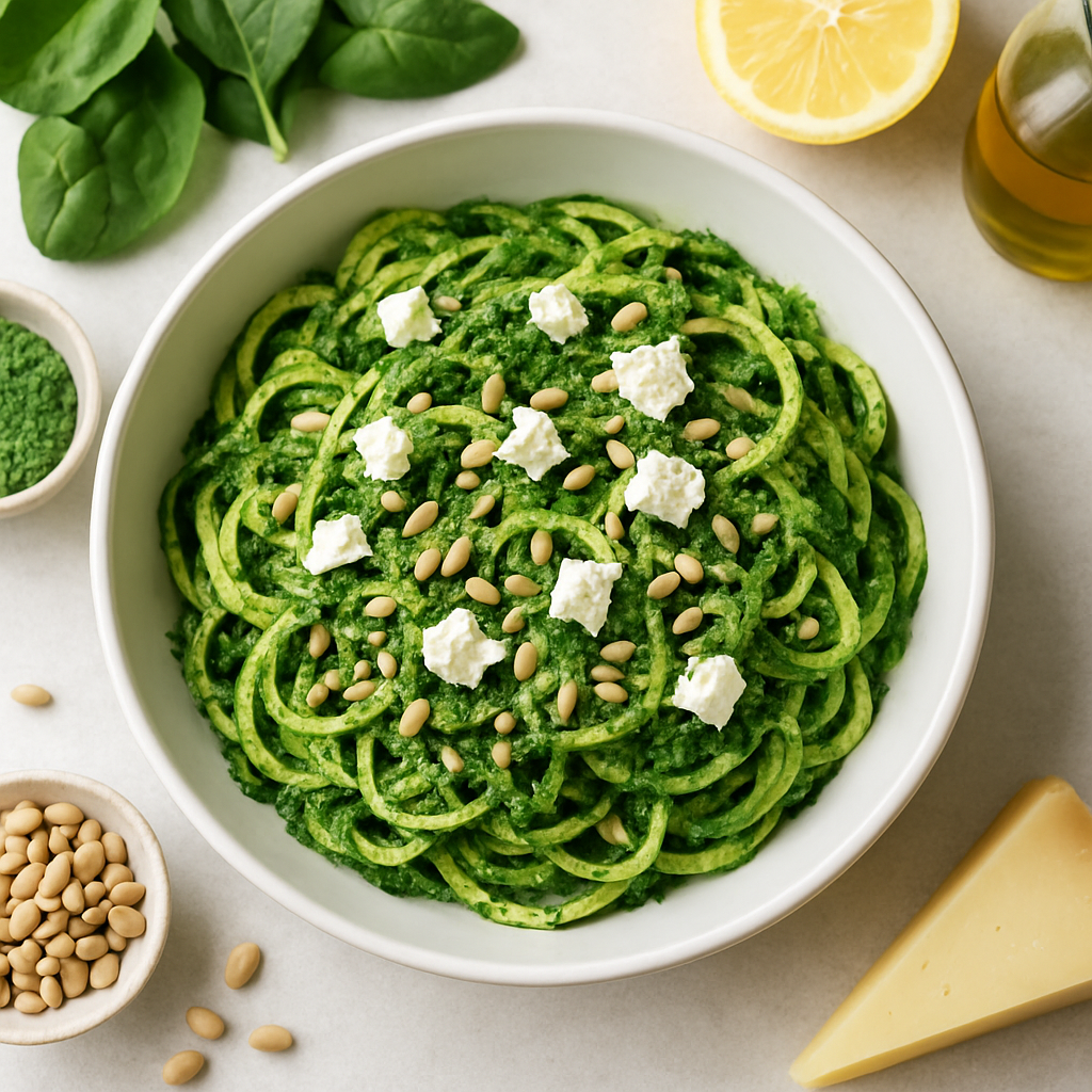 Zucchini Noodles with Spinach Pesto, Feta, and Sunflower Seeds