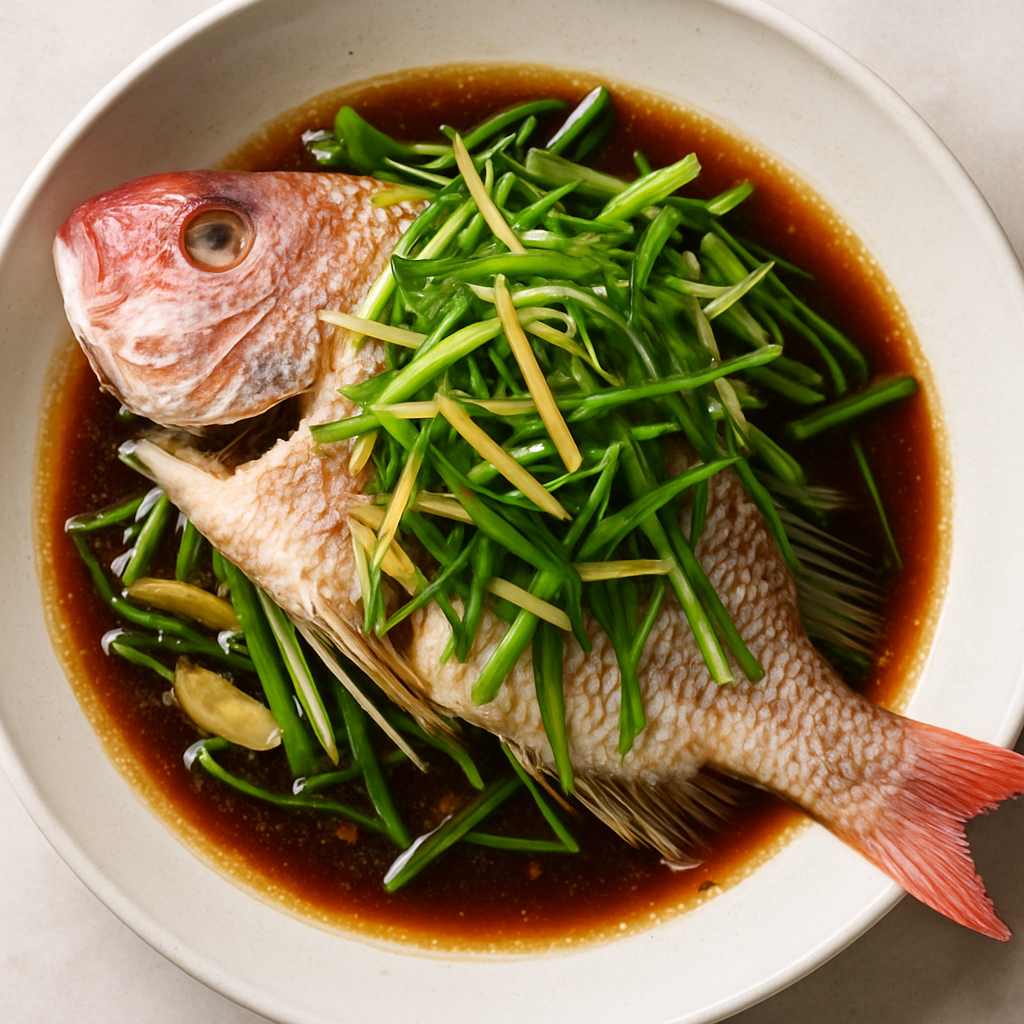 Steamed Whole Snapper with Soy, Ginger and Spring Onions