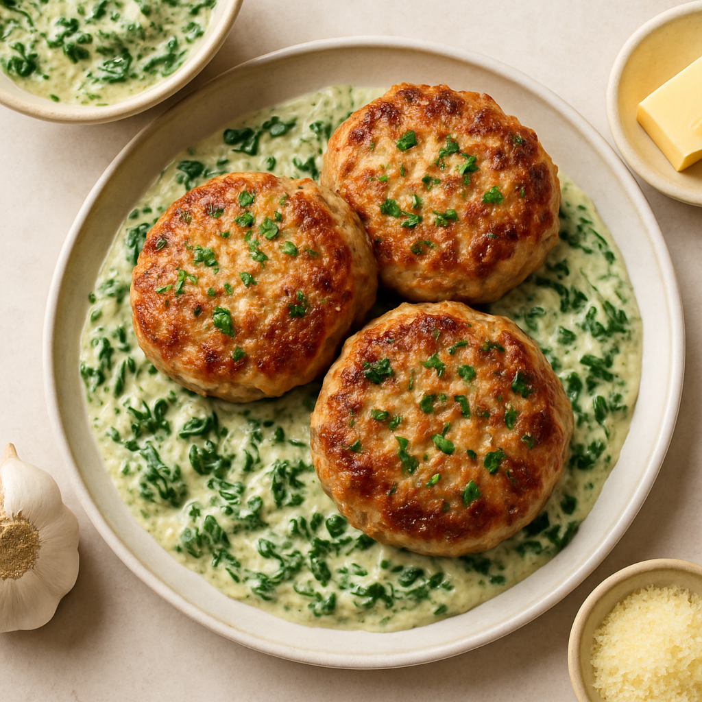 Hamburguesas de Ajo y Parmesano con Salsa de Espinacas a la Crema