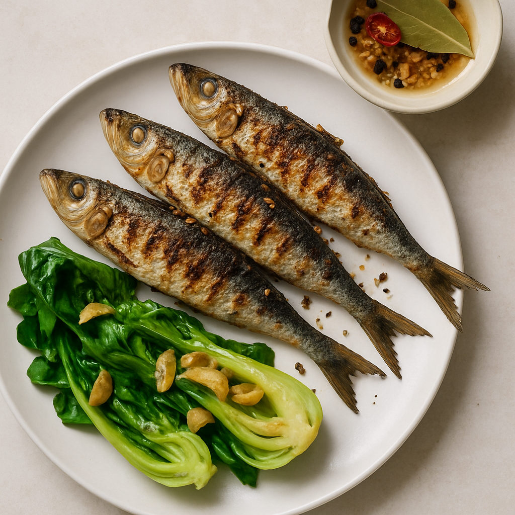 Sardinas a la Parrilla con Bok Choy Salteado y Salsa de Pescado con Jengibre