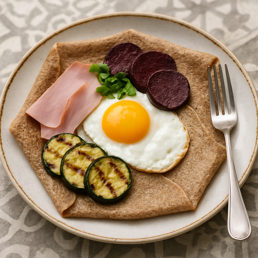Buckwheat Crêpes with Grilled Vegetables and Fried Egg