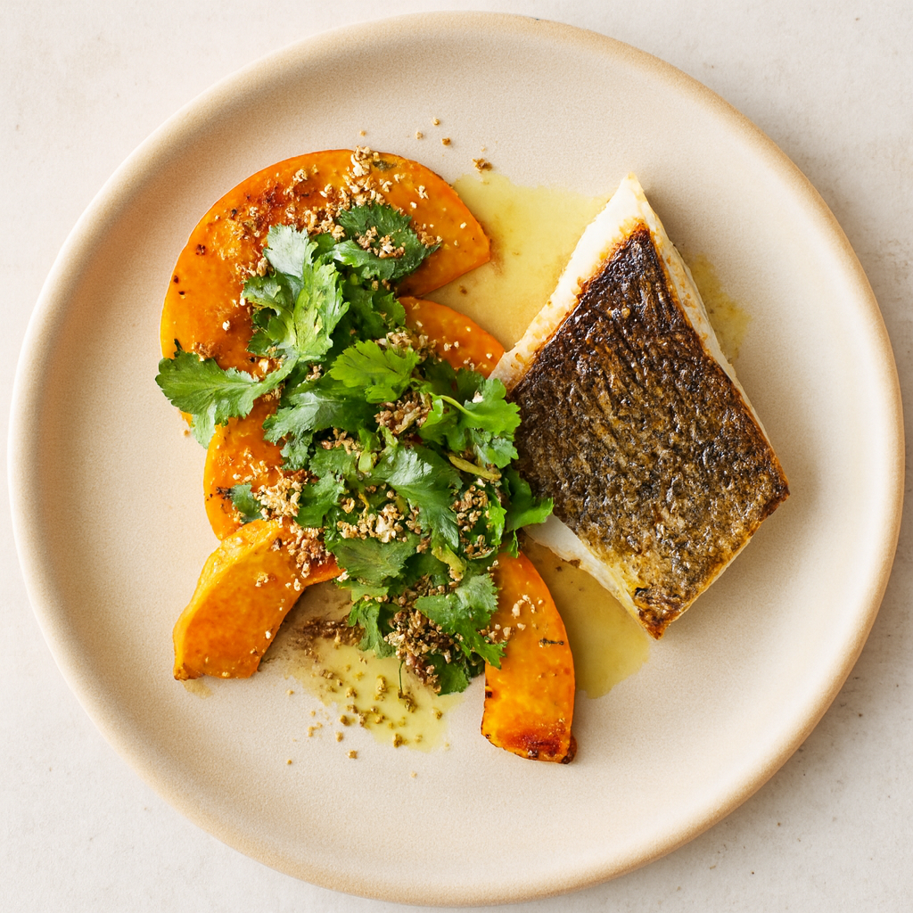 Pescado con Calabaza y Explosión de Semillas Indias