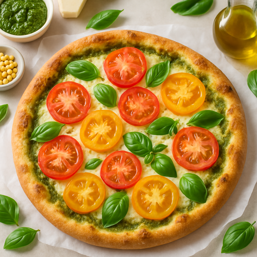 Pizza de Pesto con Tomates Frescos y Mozzarella