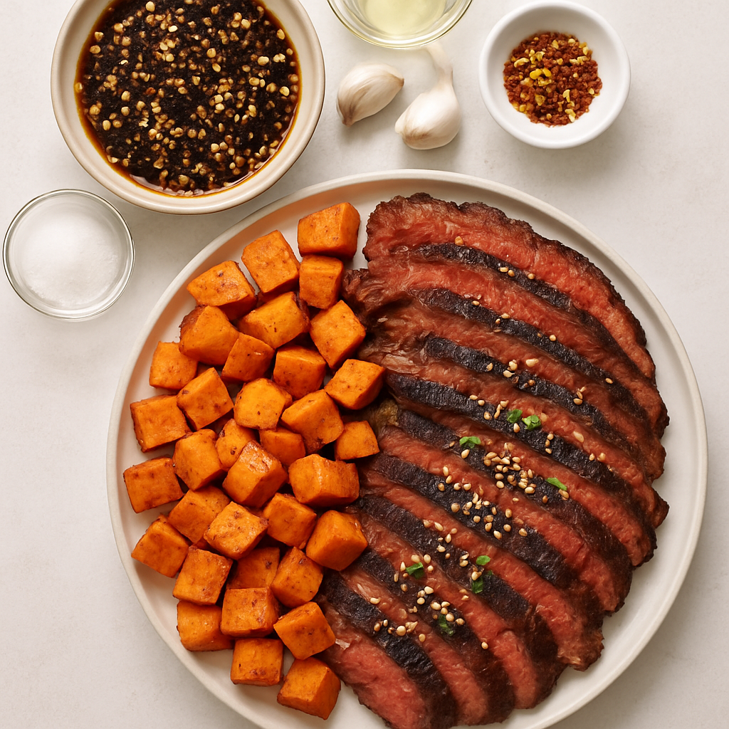 Korean Flank Steak with Roasted Sweet Potatoes