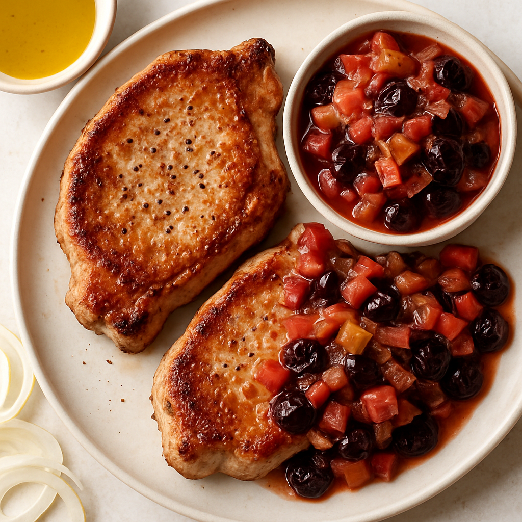 Chuletas de Cerdo con Salsa de Ruibarbo y Cereza