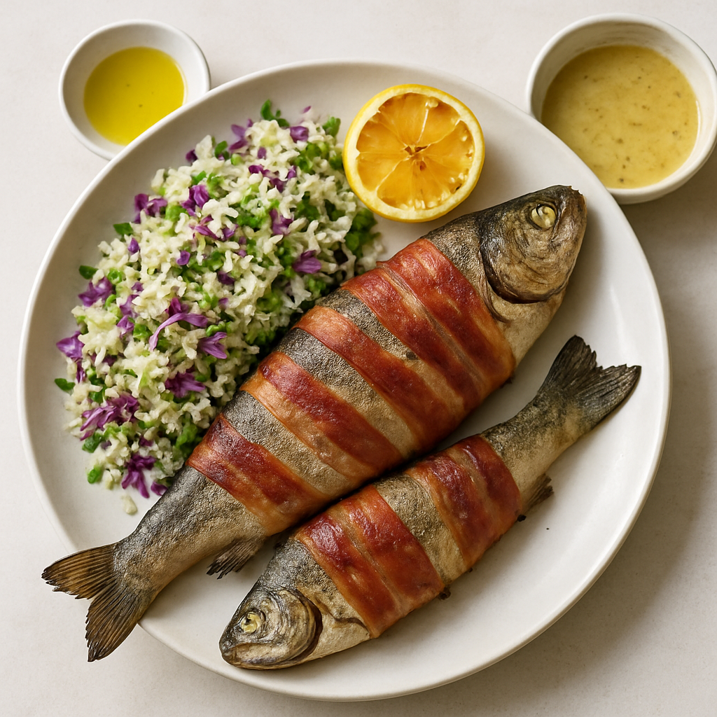 Grilled Pancetta-Wrapped River Fish with Three Cabbage-Rice Salad