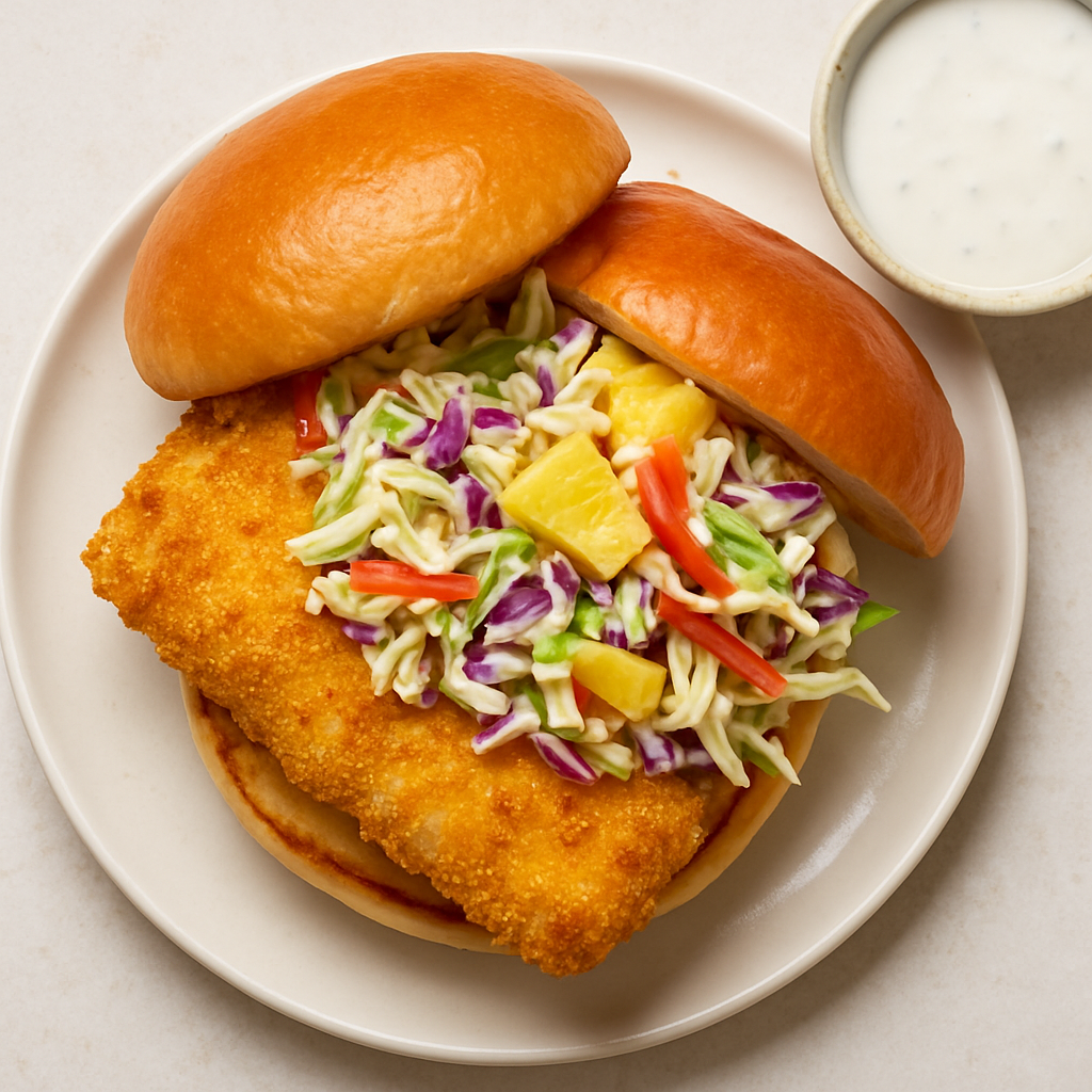 Sándwich de Pescado Crujiente con Ensalada de Piña