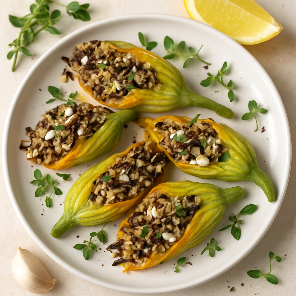 Flores de Calabaza Rellenas de Arroz Integral y Silvestre con Queso Feta
