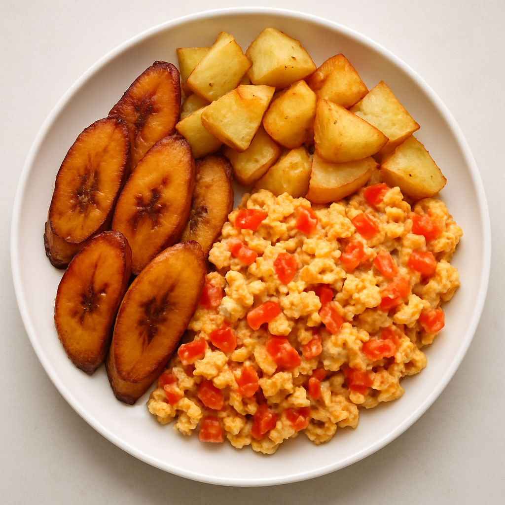 Fried Plantain and Irish Potatoes with Scrambled Eggs