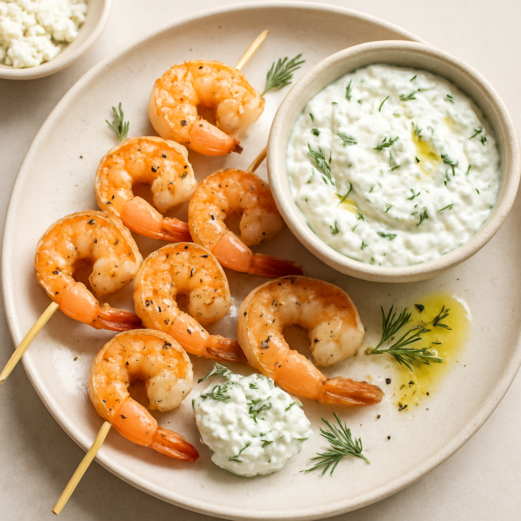 Shrimp Skewers with Dill and Feta Sauce
