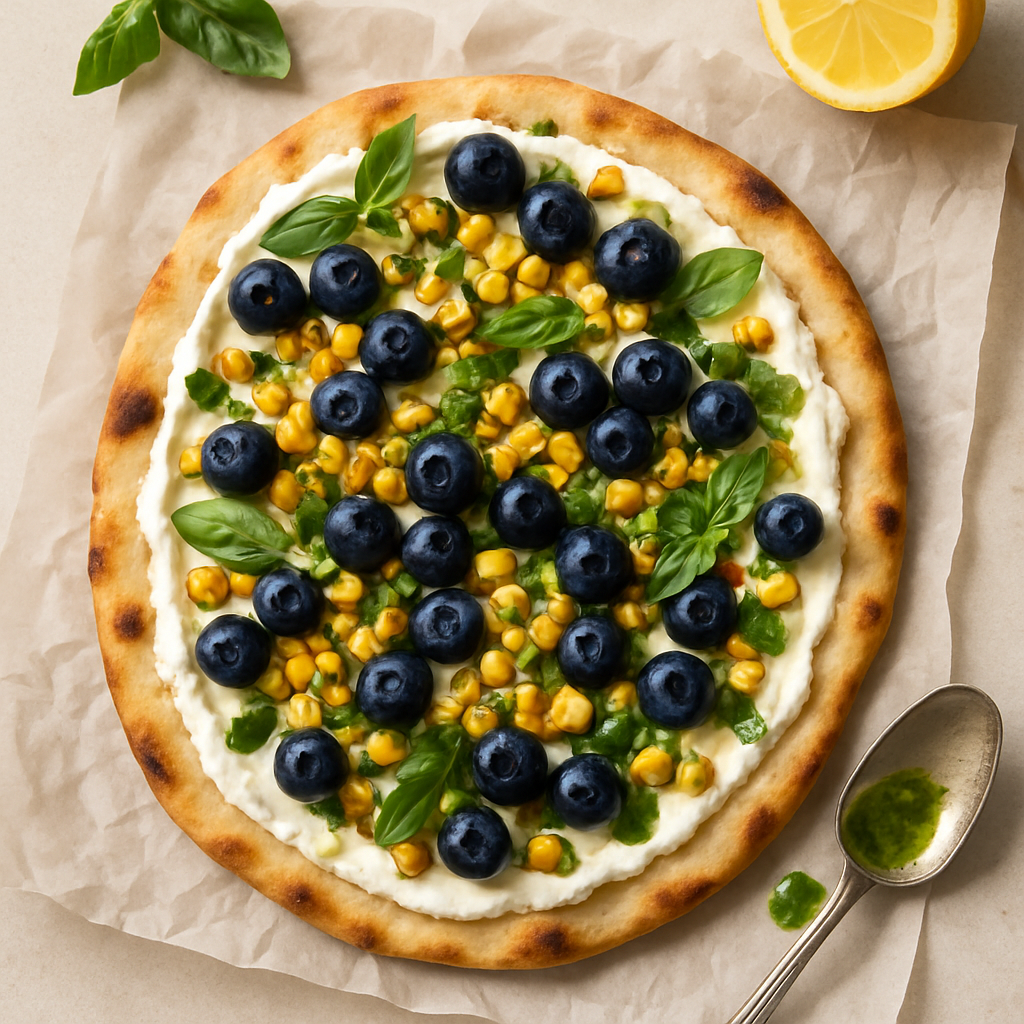 Grilled Corn & Blueberry Flatbread with Whipped Goat Cheese & Basil Vinaigrette