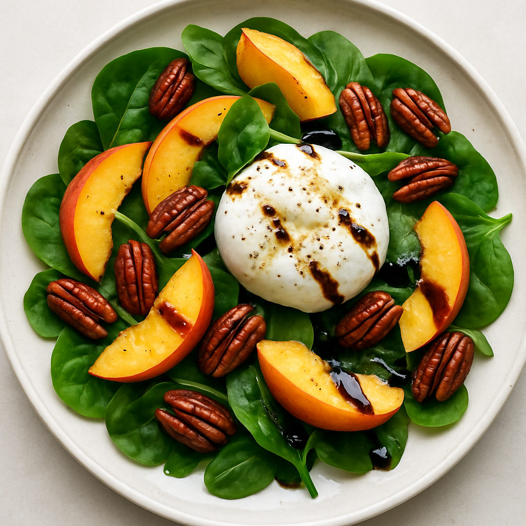 Peach, Pecan & Burrata Salad with Balsamic Reduction