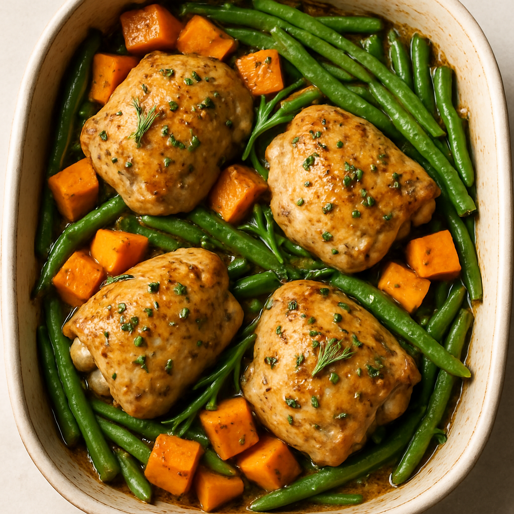 Pollo con Romero y Ajo, Batatas y Judías Verdes